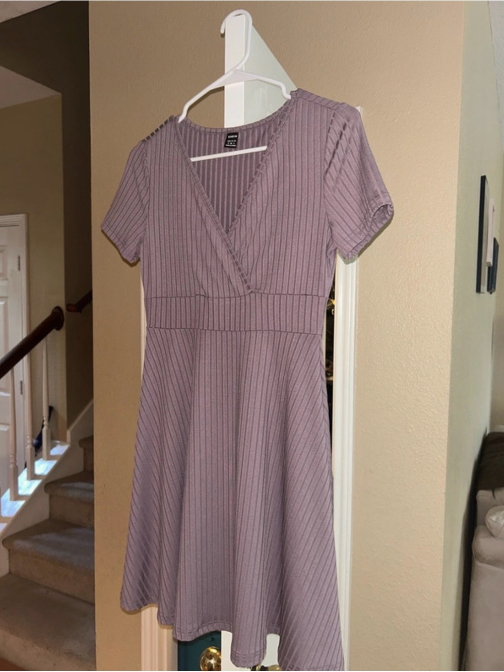 SHEIN Lavender Ribbed V-Neck Mini Dress